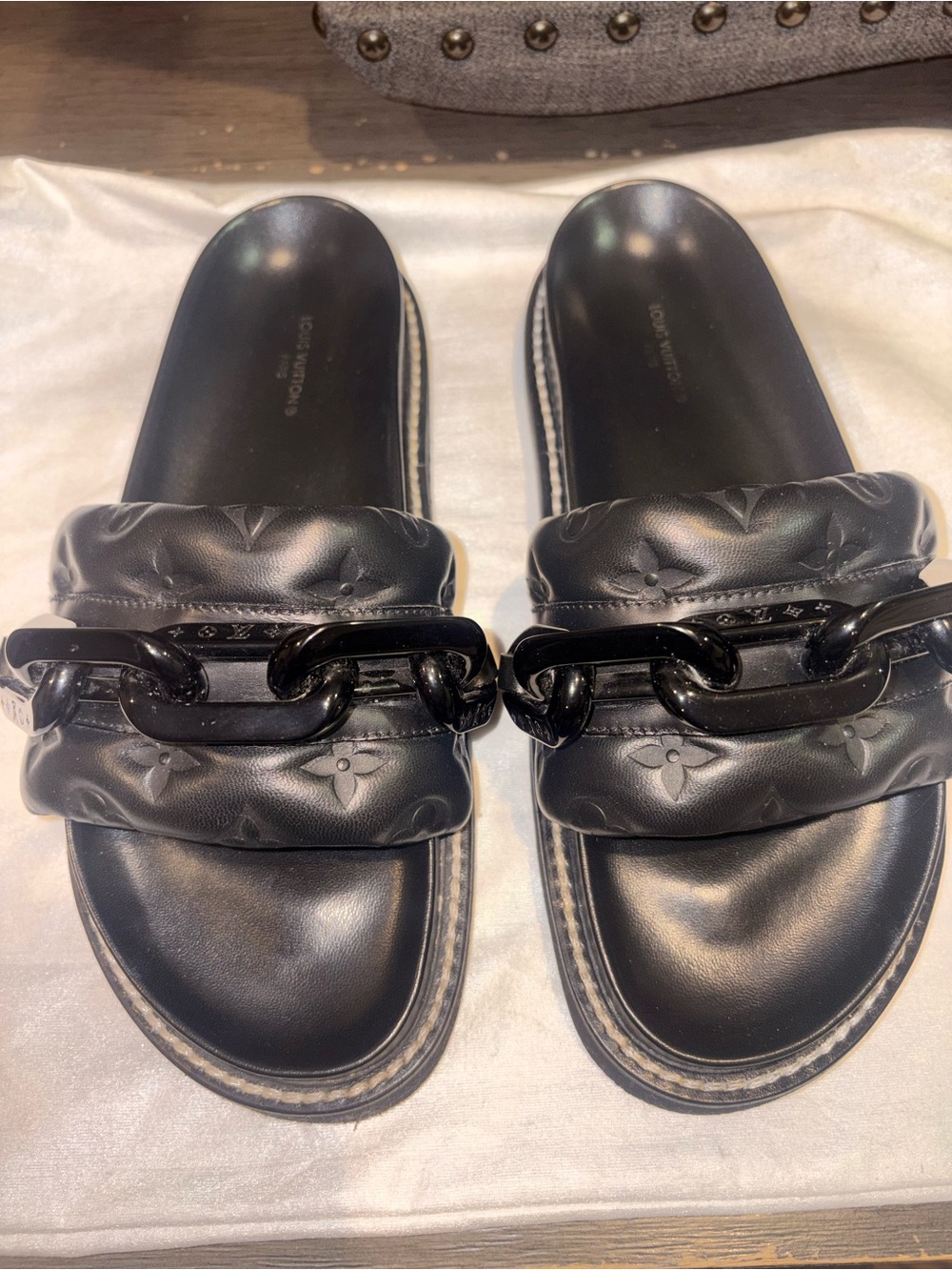 Louis Vuitton Black Quilted Chain-Accent Slide Sandals